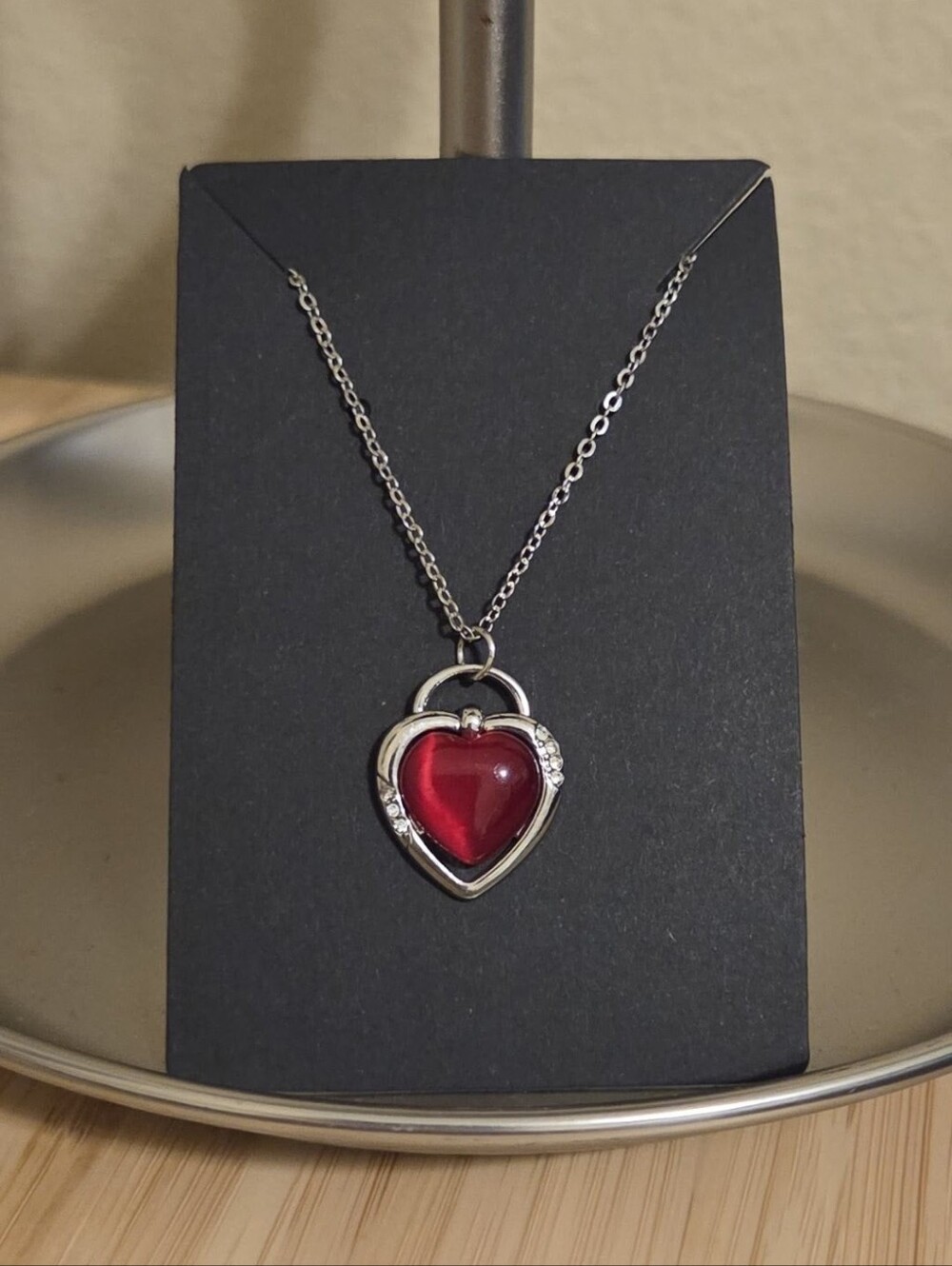 Silver Heart Pendant Necklace with Red Heart Center